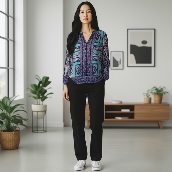 Lucky Brand Pullover style Top Tunic Moroccan Border Womens L Paisley Boho - Picture 14 of 14